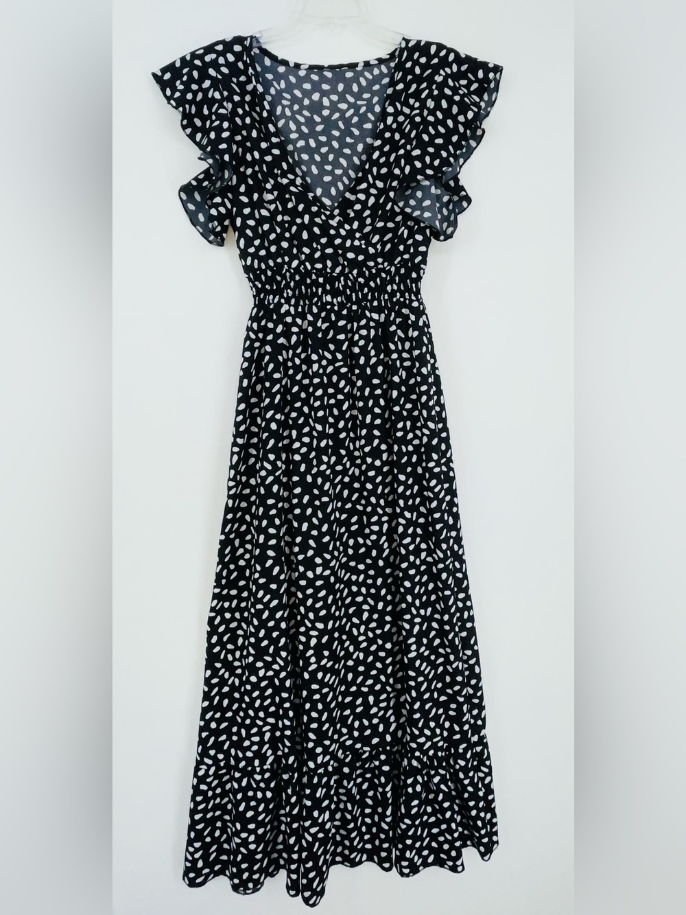 Women’s Elegant Black Maxi Dress with White Dot, Size Small
